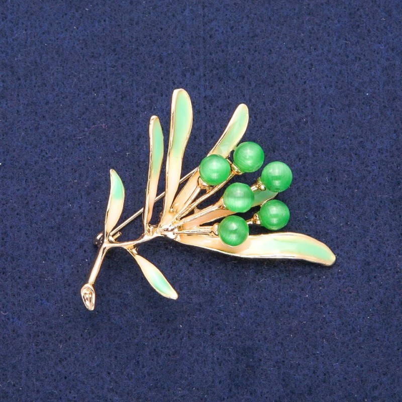 Brosche Blume mit Katzenauge, grüne Emaille, goldfarbenes Metall 42×51 mm