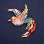 Brosche Feuervogel mit Strasssteinen, Emaille, Farben Rot, Blau, Grün und Gelb, 60 × 48 mm, goldfarbenes Metall