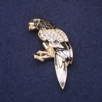 Brosche Papagei mit Emaille und Strass, Farben schwarz und weiß, 51×25 mm, goldfarbenes Metall