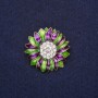 Blumenbrosche mit Strass, Emaille, grün-violett, 29 mm, goldfarbenes Metall
