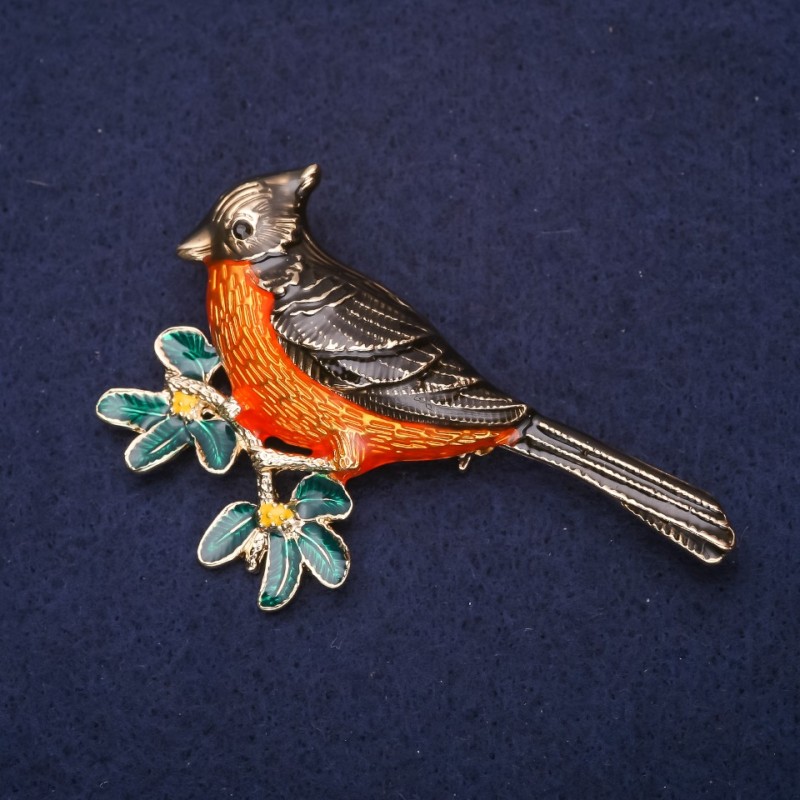 Brosche Vogel am Zweig Emaille orange grün schwarz 69×48 mm goldfarbenes Metall