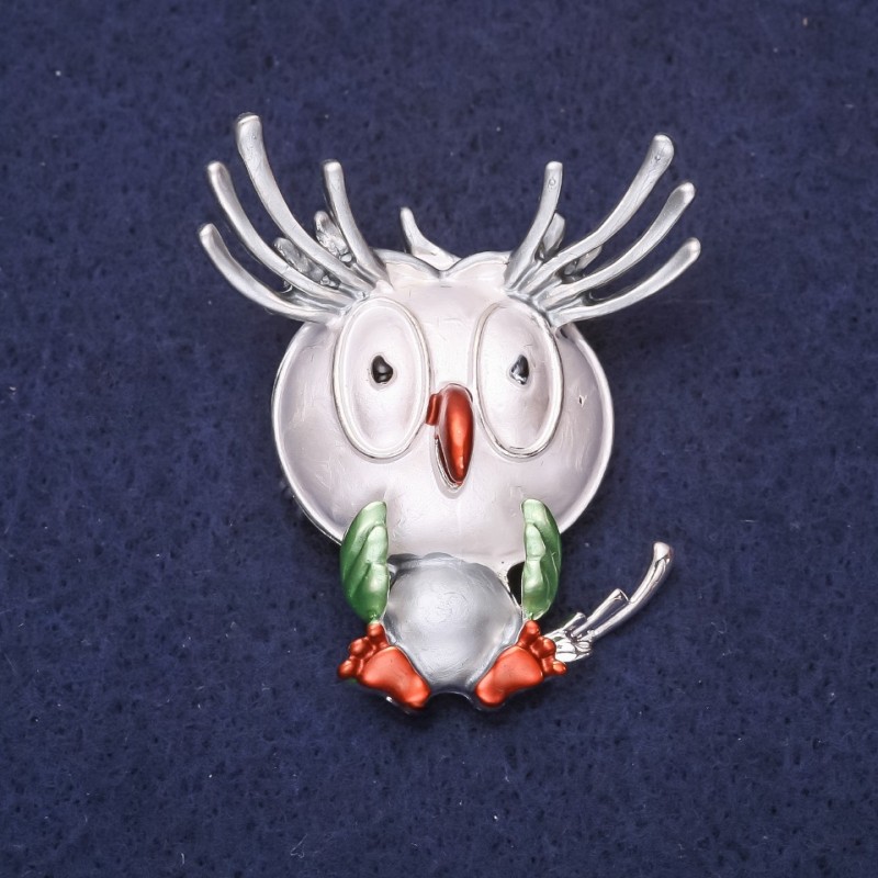 Brosche Eule 'Guten Morgen' Emaille Strasssteine Farben: Grau, Weiß, Braun, Grün 47 × 38 mm Silbermetall