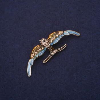 Brosche 'Schwalbe' mit Emaille und Strasssteinen, Gelb-Blau, 54×18 mm, goldfarbenes Metall