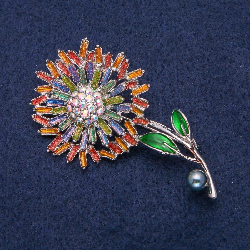 Brosche Blume aus silberfarbenem Metall mit mehrfarbiger Emaille und Strasssteinen, 61 x 33 mm