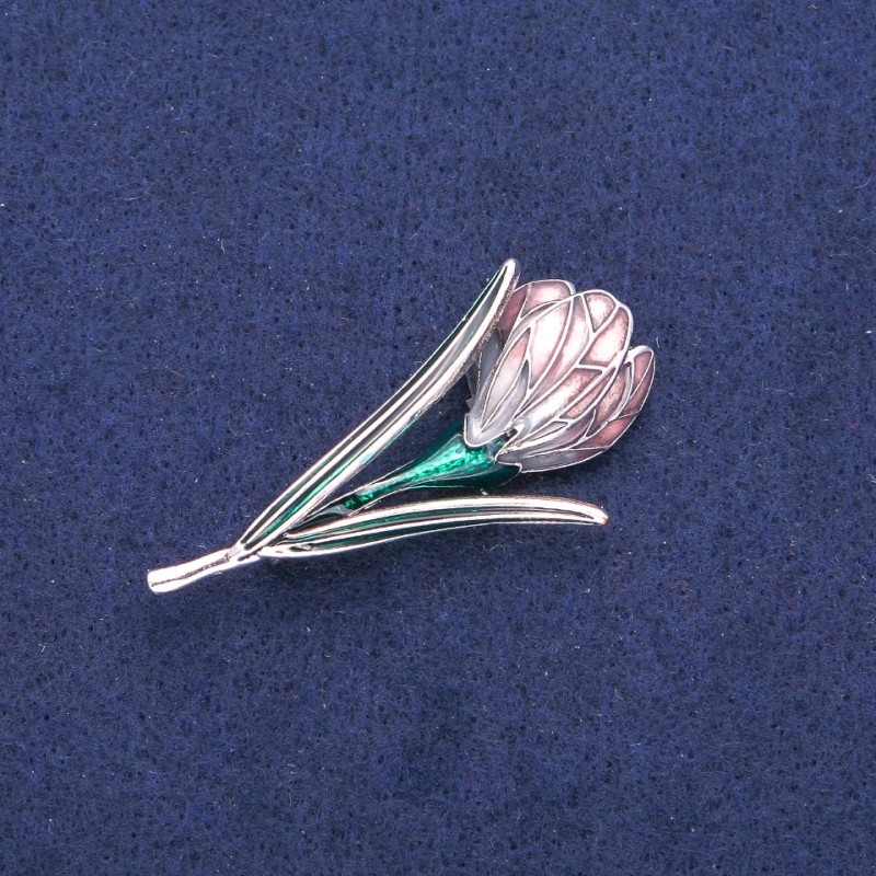 Brosche-Anhänger 'Blume' mit lilafarbener und grüner Emaille, silberfarbenes Metall 25×50 mm