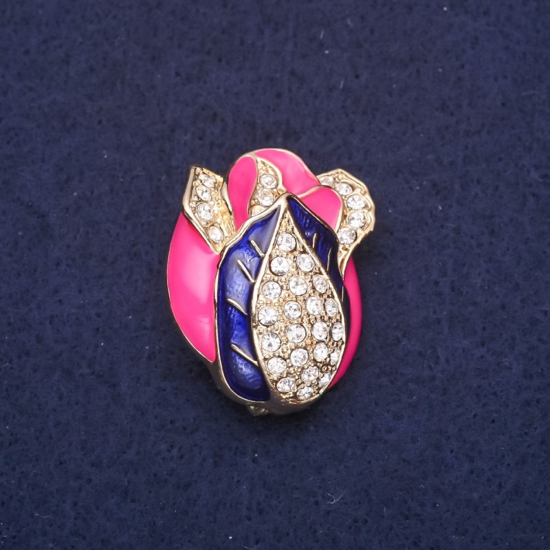 Brosche Blüte mit Strass, Emaille, Farbe: Himbeerrot, Violett, Weiß, 32×26 mm, goldfarbenes Metall