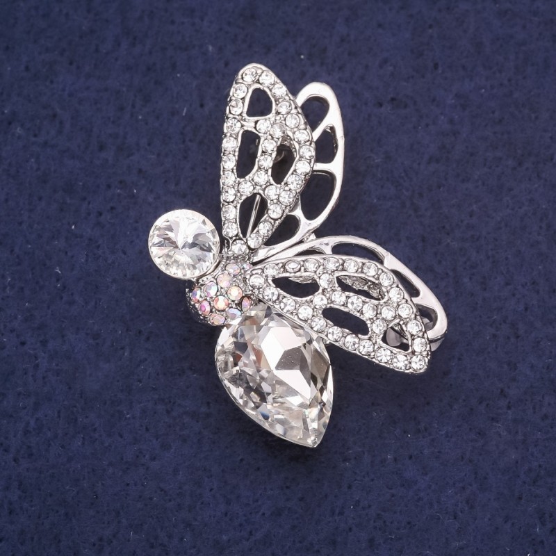 Brosche Schmetterling mit weißen Strasssteinen, 45×29 mm, silberfarbenes Metall