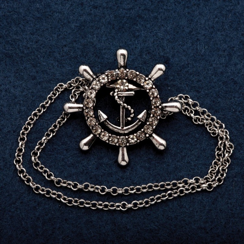 Brosche Steuerrad mit Kette, silberfarbenes Metall, 30 mm +