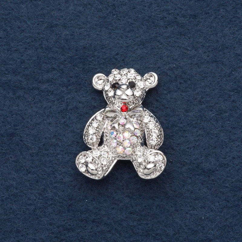 Brosche „Bärchen“ 3×2 cm graues Metall, Chameleon-Strasssteine