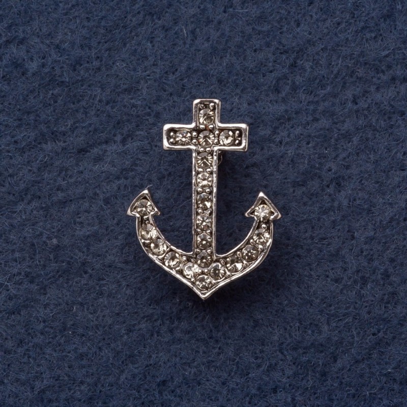 Brosche Anker 2, 8 × 2 cm, aus grauem Metall mit Strasssteinen