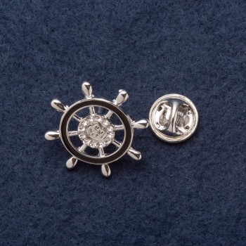 Brosche mit Schraubverschluss «Steuerrad» 2,5 cm, graues Metall