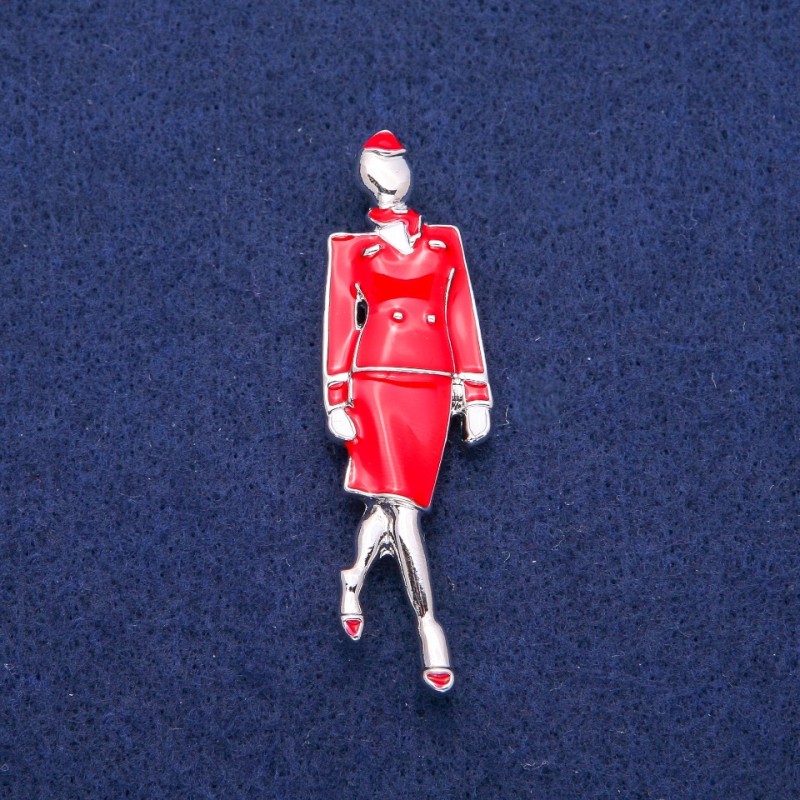 Brosche/Anhänger Stewardess mit Emaille, 18 × 60 mm, silberfarbenes Metall