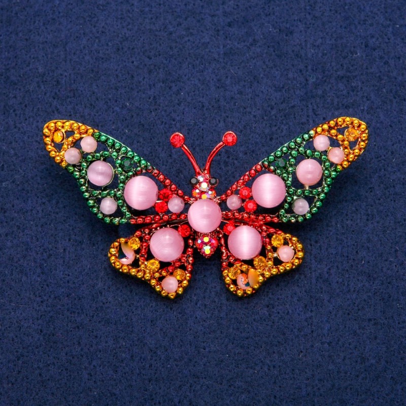 Brosche-Anhänger Schmetterling mit Katzenauge-Perlen, Emaille und Strasssteinen, 44×78 mm, goldfarbenes Metall