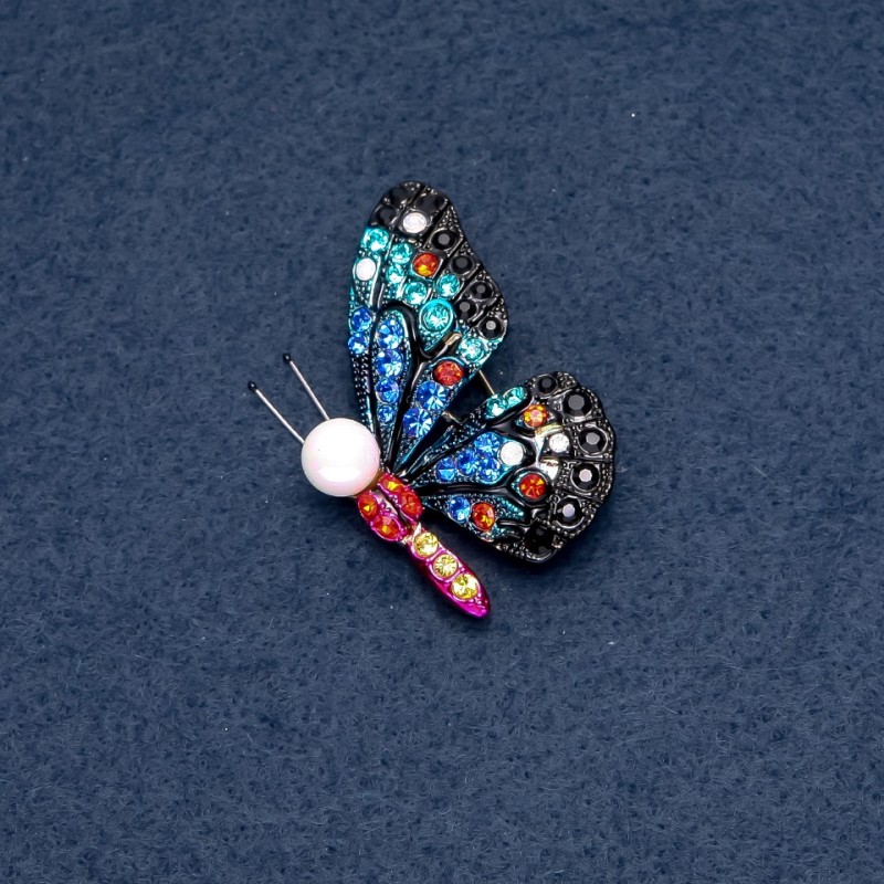 Brosche „Schmetterling“ mit bunten Strasssteinen 40×33 mm, Insektenserie, silberfarben