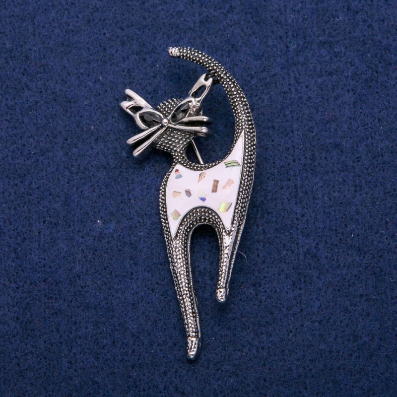 Brosche «Kätzchen» mit Emaille, Haliotis-Einlagen und Kristallen, 30×73 mm, silbernes Metall