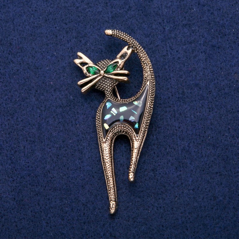 Brosche «Kätzchen» mit Emaille, Halit und Kristallen, 30×73 mm, goldfarbenes Metall