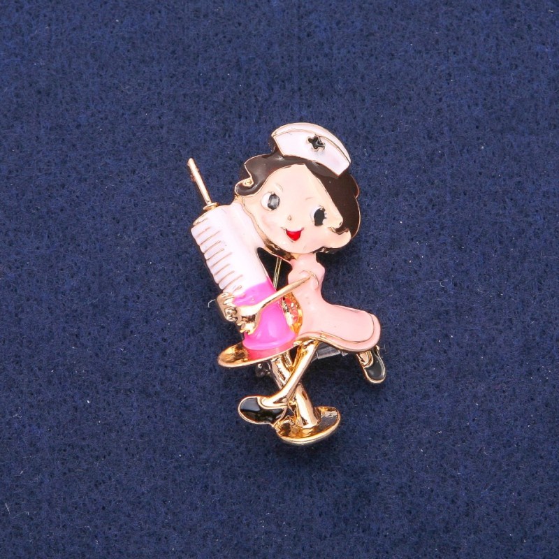 Brosche „Krankenschwester“ bunt emailliert, goldfarbenes Metall, 27 × 44 mm