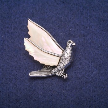Brosche 'Vogel' mit Perlmutt-Einlage, silberfarbenes Metall 38 × 48 mm