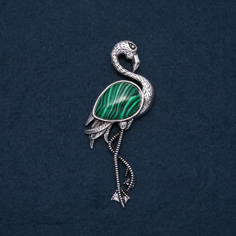 Brosche-Anhänger Flamingo mit Malachit, 85 × 30 mm
