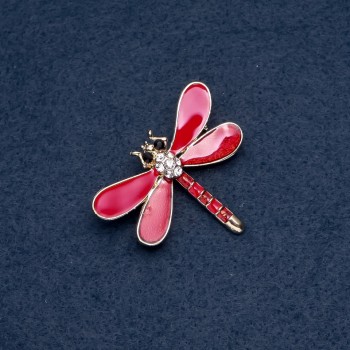 Brosche 'Libelle' mit roten Flügeln, 35×45 mm, Insektenserie, Metallfarbe