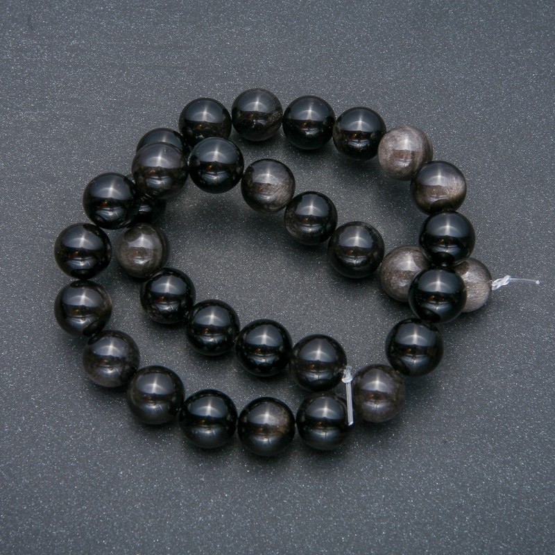 Naturstein-Perlen auf Schnur – Silberobsidian, glatte Kugeln, Durchmesser 12 mm, Länge ca. 39 cm