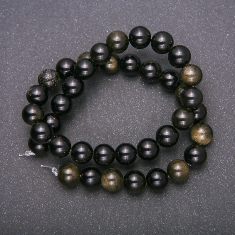 Naturstein-Perlen auf einer Schnur – Sonnen-Obsidian, glatte Kugeln, Durchmesser 10 mm, Länge 38 cm