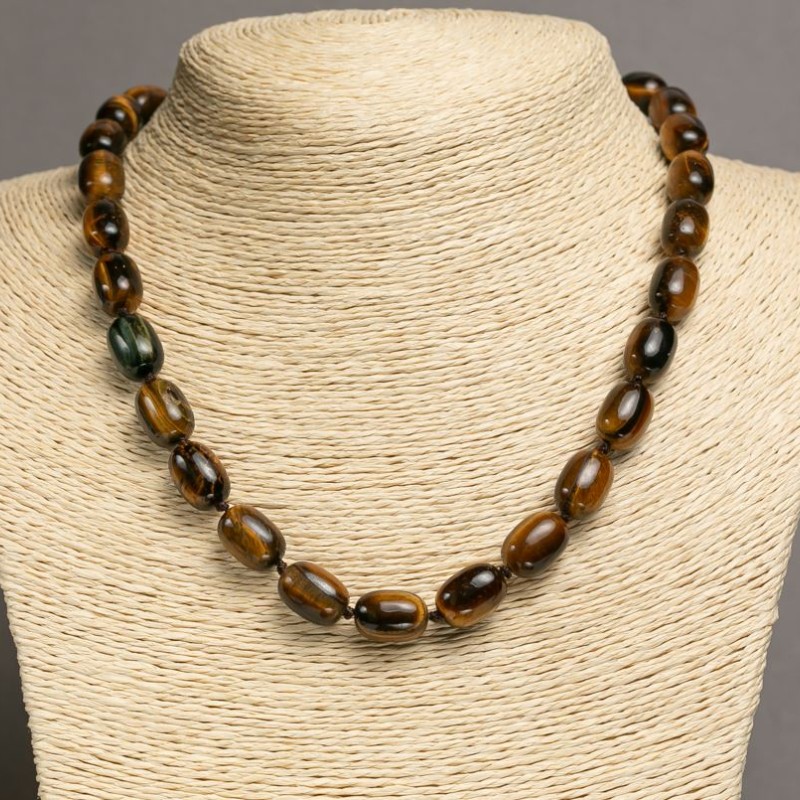 Kette aus Tigerauge, Bohnenform-Perlen 10×14 mm, Länge 45–48 cm +