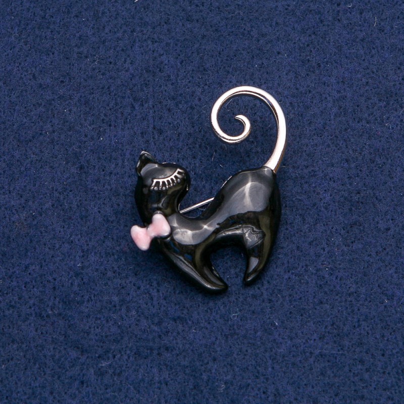 Brosche Katze mit rosa Schleife, schwarze Emaille, silberfarbenes Metall 39 × 37 mm +