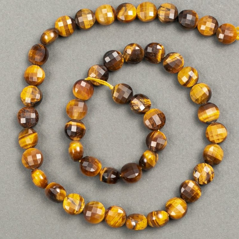 Kette aus Natursteinen Tigerauge, facettierte Münzperle, Durchmesser 8 × 6 mm, Länge 39 cm +