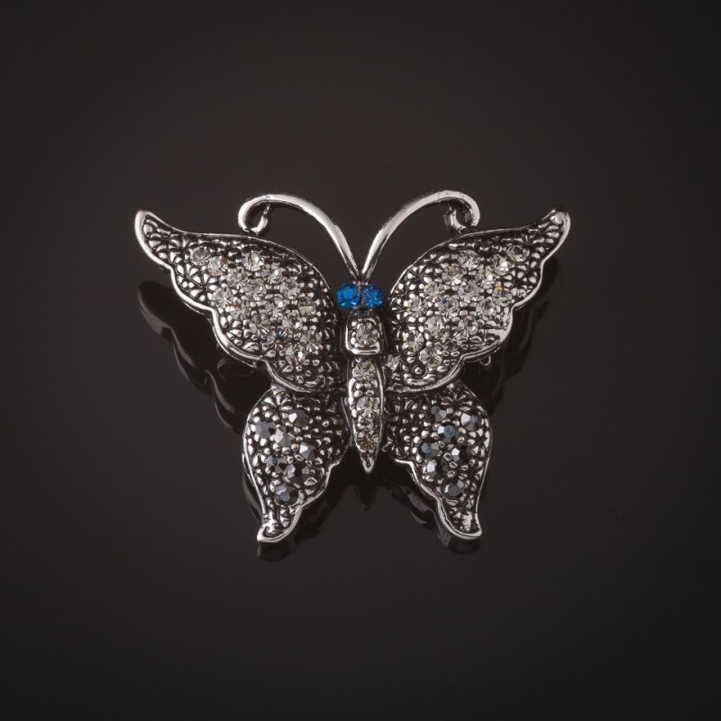 Brosche Schmetterling, silberfarben, mit grauen Steinen und blauen Augen, 3 cm