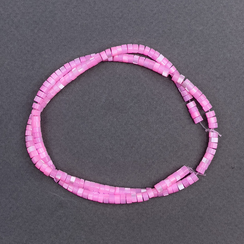 Rosafarbene getönte Perlmutt-Scheibenperlen, Durchmesser 4×2 mm, Länge ca. 40 cm, auf Faden