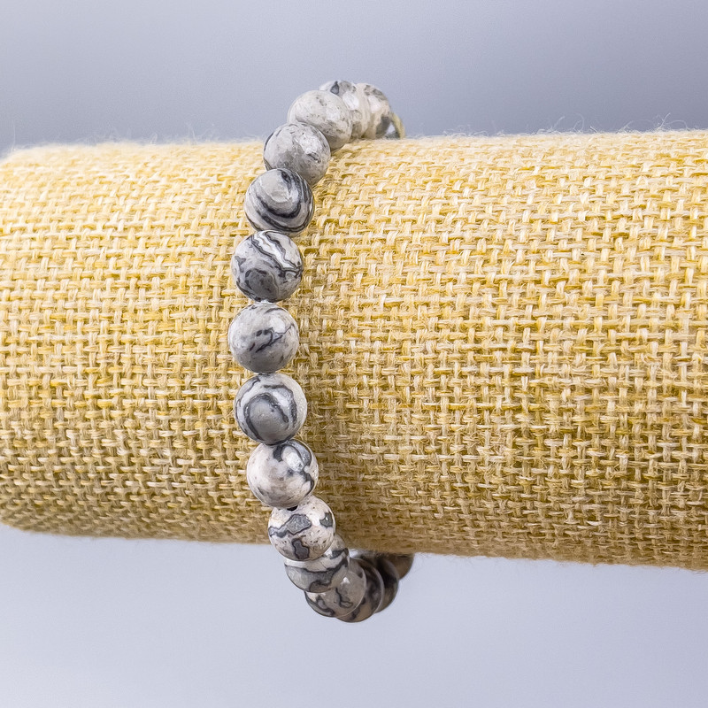 Armband aus grauem Ozean-Jaspis (künstliches Acryl), glatte Kugel, Durchmesser 8 mm, Länge 18 cm (Stretch)