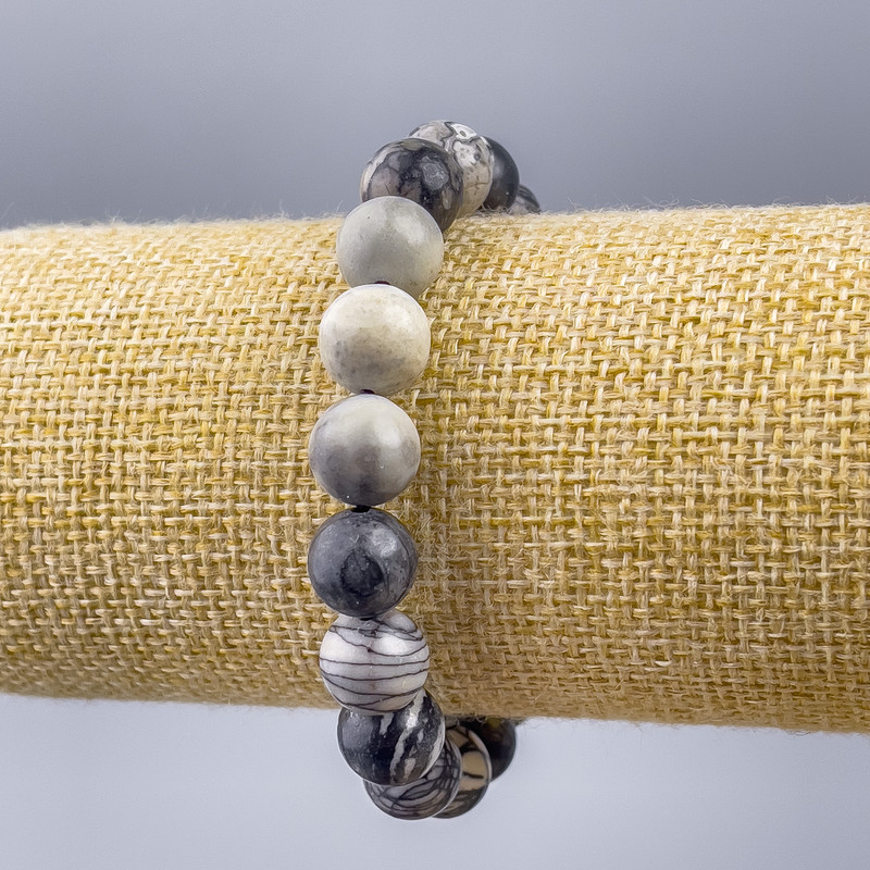 Armband aus grauem Picasso-Jaspis (künstliches Acryl) glatte Kugel, Durchmesser ca. 10 mm, Länge 18 cm (Elastik)