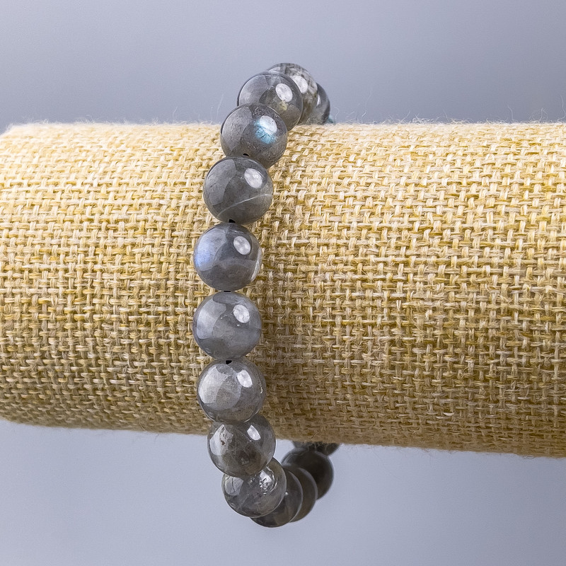 Armband aus Labradorit, natürlicher Stein, glatte Kugeln, Durchmesser ca. 10 mm, Länge 18 cm (Elastikband)