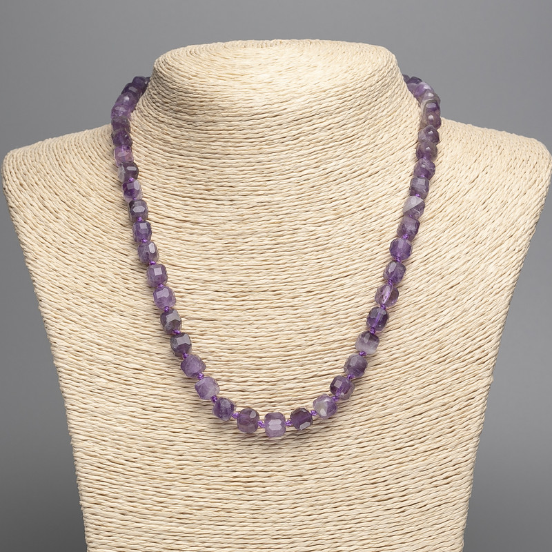 Halskette aus natürlichem Amethyst, facettierter Würfel, Durchmesser ca. 7 mm, Länge 50 cm