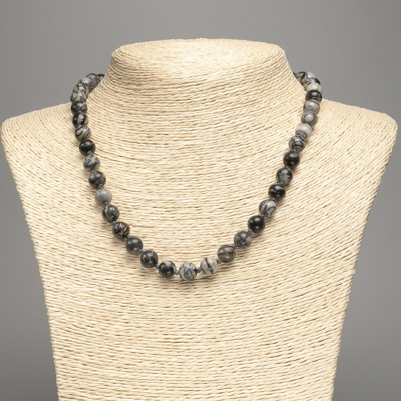 Collier Picasso-Jaspis Grau aus Acryl, glatte Kugeln, Durchmesser ca. 8,5 mm, Länge 48 cm +