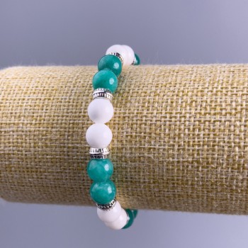 Armband Amazonit, weißer Achat (künstliches Acryl), Durchmesser ca. 8,5 mm – glatte Kugeln mit silbernen Einsätzen auf elastischem Band, Länge ca. 18 cm
