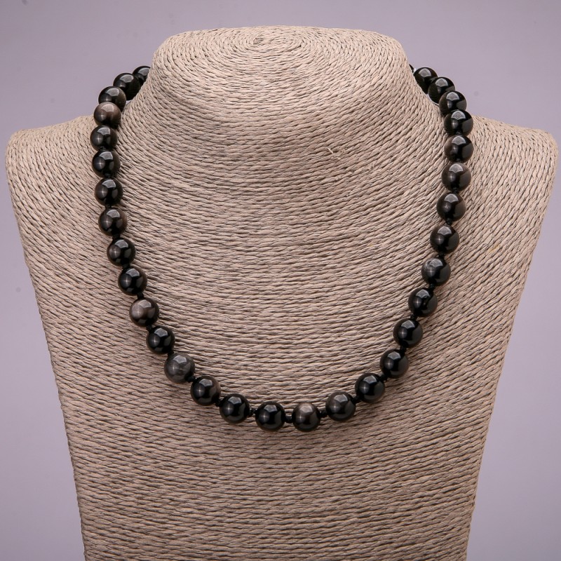 Naturstein-Halskette aus Silber-Obsidian mit glatten Kugeln, Durchmesser ca. 10 mm, Länge 45 cm