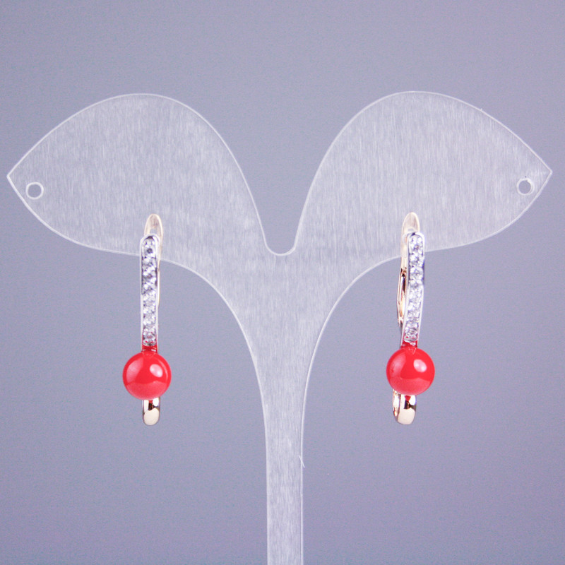 Ohrringe Xuping 18K-Vergoldung mit weißen Strasssteinen und roter Perle, Durchmesser 30 x 8 mm+