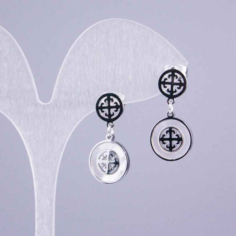 Xuping Rhodium-beschichtete Ohrstecker mit Perlmutt-Einlagen, runde Form, Durchmesser 12 mm ±, 8 mm ±, Länge 25 mm ±