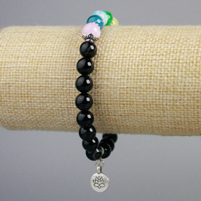 Armband aus schwarzem Achat, mehrfarbige Mischung, glatte Kugeln, Durchmesser ca. 8 mm, silberne Einsätze, Länge ca. 18 cm (Stretch)