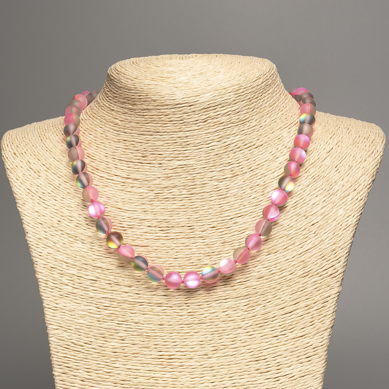 Halskette aus Opalglas, rosa matt, mit Chameleon-Effekt, glatte Kugeln Ø 8 mm, Länge ca. 49 cm