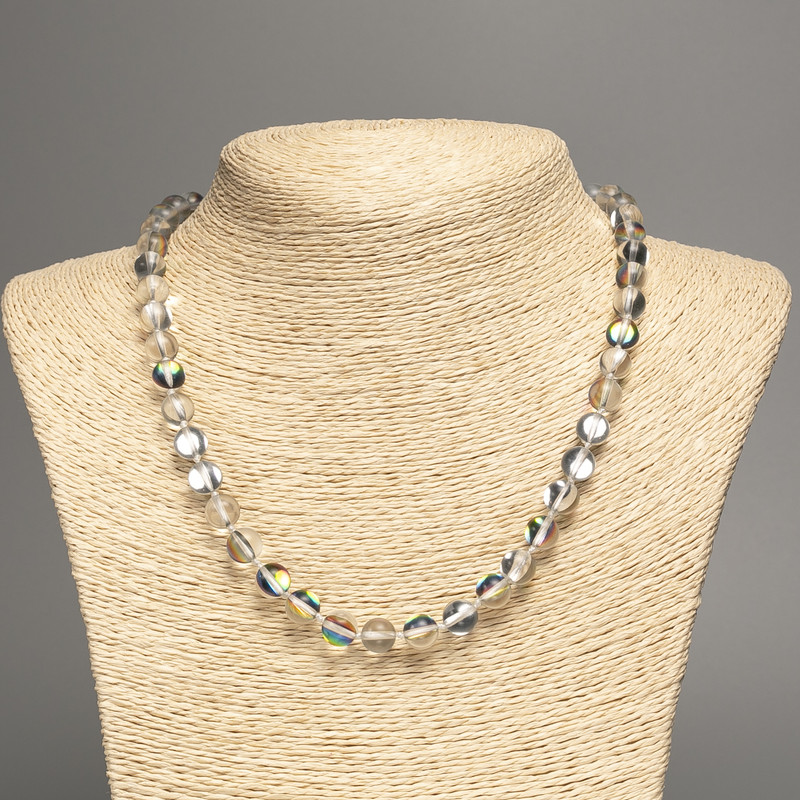 Kette aus Opalglas, Weißes Chamäleon, glatte Kugel, Durchmesser ca. 8 mm, Länge ca. 49 cm