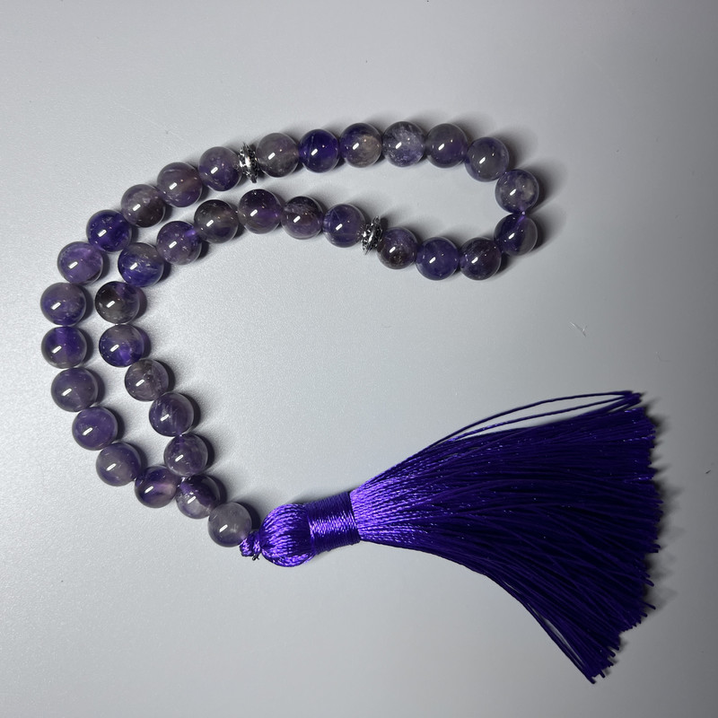 Amethyst-Gebetskette, Naturstein, glatte Kugeln, Durchmesser ca. 8 mm, 33 Perlen, mit Metall-Einlagen