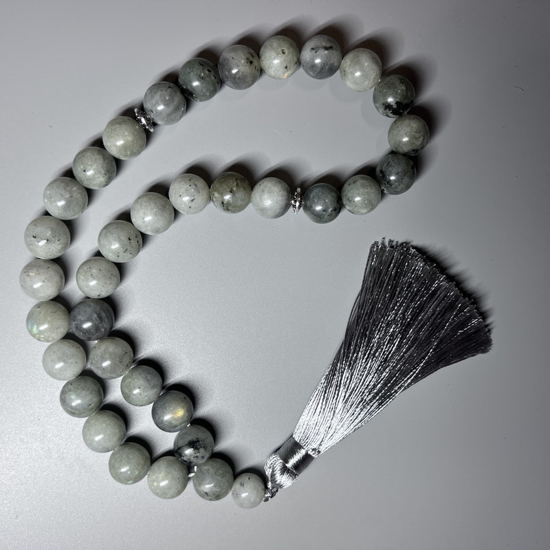 Gebetsketten aus Labradorit – Naturstein, glatte Kugeln, Durchmesser ca. 12,5 mm, 33 Perlen, mit Metall-Einsätzen