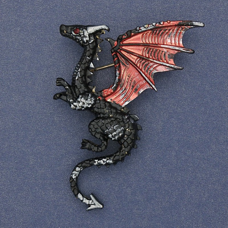 Brosche Drache schwarz mit roter Emaille