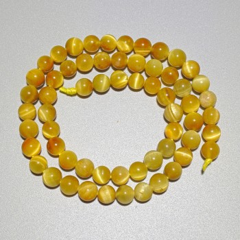 Gelbe Katzenauge-Perlen aus Naturstein – glatte Kugeln, Durchmesser 6,5 mm, Länge ca. 38 cm, auf einer Schnur