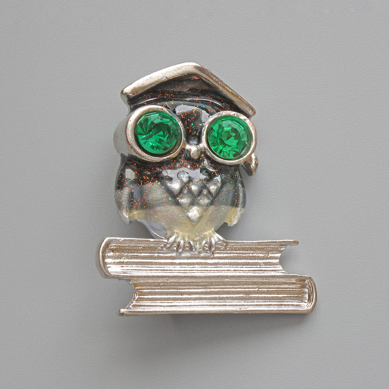 Brosche mit Anhänger Eule in grauer Emaille und grünen Kristallen, silberfarbenes Metall 33×37 mm