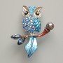Eulenbrosche – Anhänger mit blauer Emaille, blauen Strasssteinen, schwarzer Perle, silberfarbenem Metall 31 × 38 mm