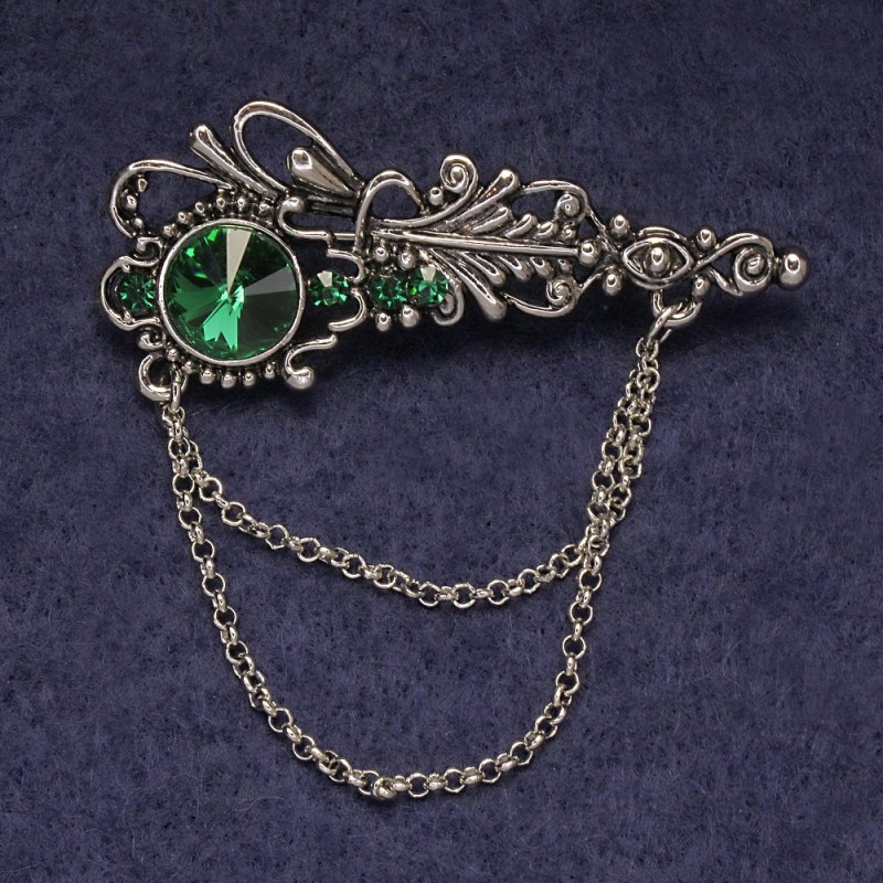 Brosche 'Akzent' mit grünen Strasssteinen und Kristall, silberfarbenes Metall, 55×22 mm